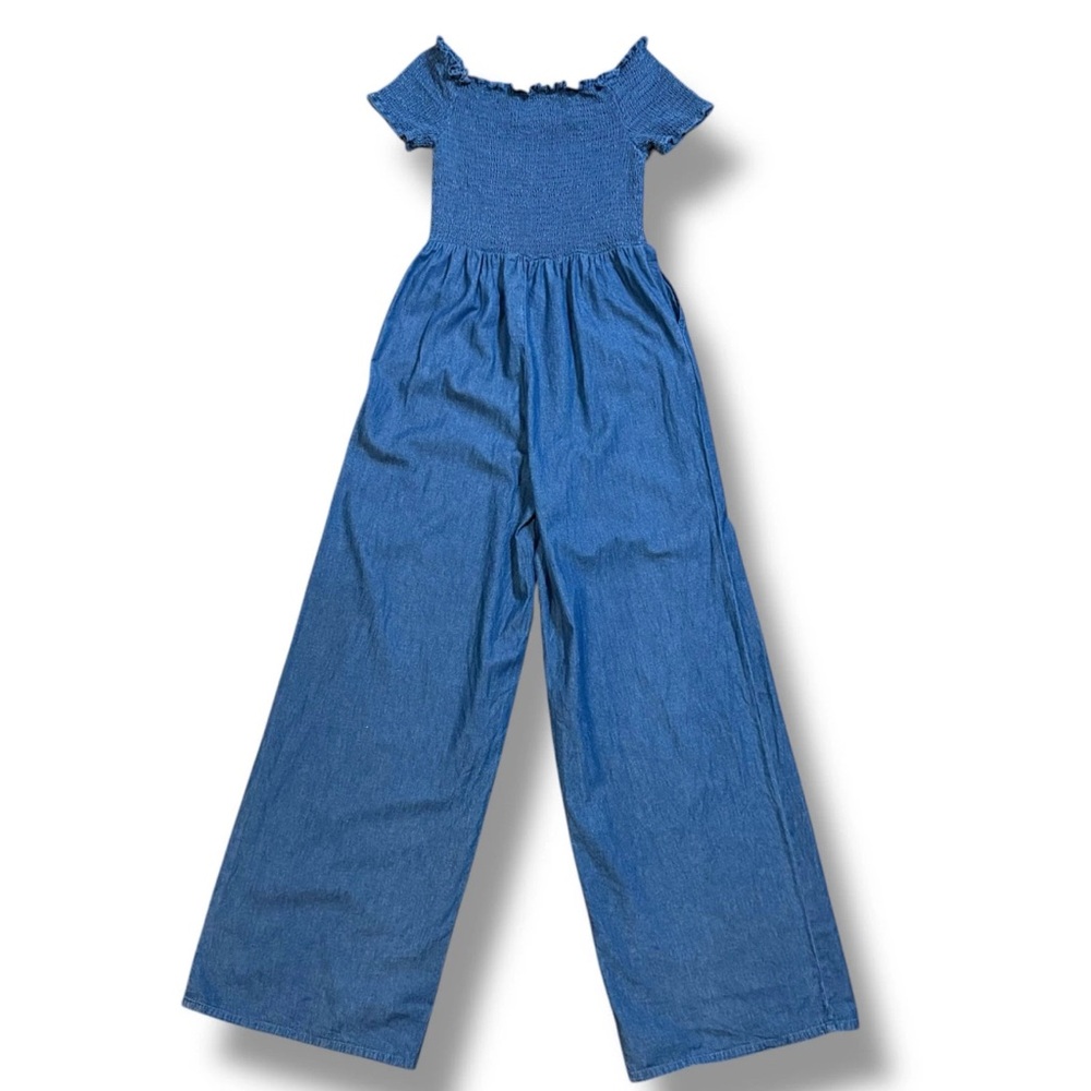 Blue Rain Denim Jumper Womens Blue Ellison Smocked Chambray Pantsuit Size S